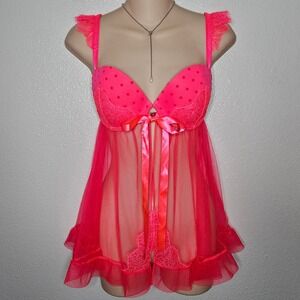 Victoria's Secret Neon Pink Polka Dot Lace Babydoll Lingerie